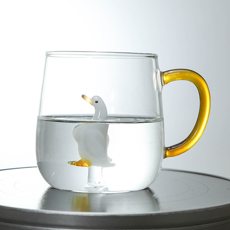 耐高温可倒热水圆形可爱卡通柯尔鸭手工玻璃水杯送礼有盖免费刻字