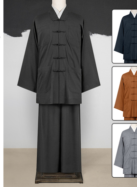 普莲花高档僧服夏季薄款纺毛料短褂深灰色小褂传统大裤脚和尚服装