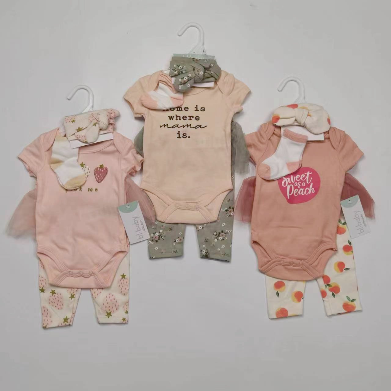 外贸夏季婴儿短袖袖包屁衣裤子发带袜子4件套女宝宝可爱偏小套装