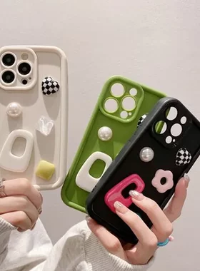 手机壳金刚砂立体保护套iPhone15竹相框PRO苹果16高适用发夹可爱