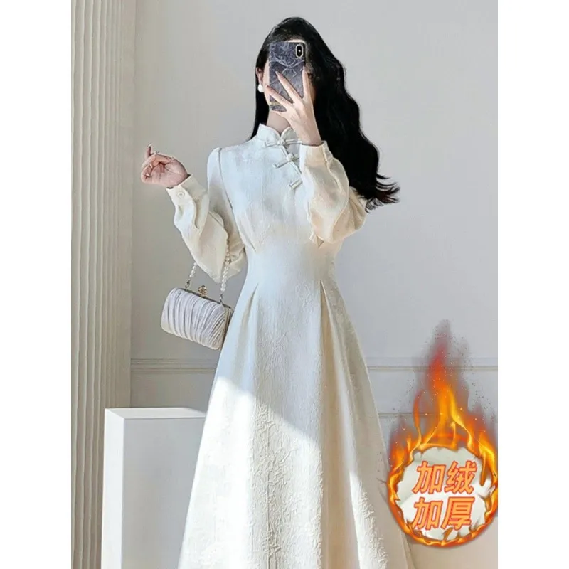 秋冬新款新中式改良旗袍加绒连衣裙女国风高级感大衣内搭打底长裙