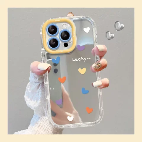 彩色爱心软边/镜面涂鸦手机壳苹果12iphone14pro13适用xr透明17xs