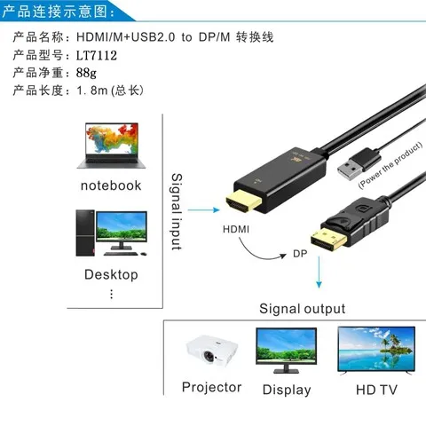 米转换4k供电投影仪线带高清晰度转接线显示器1.8USB转dphdmi转dp