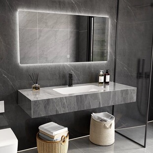 岩板无缝洗手盆亮光酒店民宿同款家用洗脸盆智能镜子洗漱台浴室柜