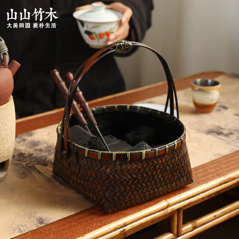 山山竹木竹编圆口方底提盒茶室木炭收纳篮碳钵篓家用围炉煮茶茶道
