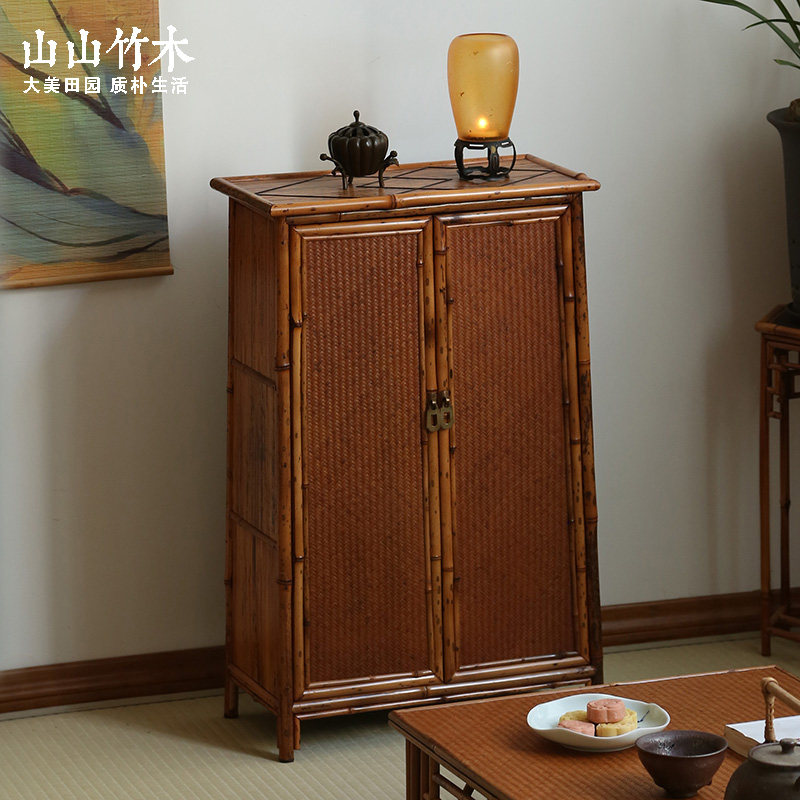 山山竹木明式梅鹿竹面柜竹制茶柜茶杯架子茶棚功夫茶器具收纳复古