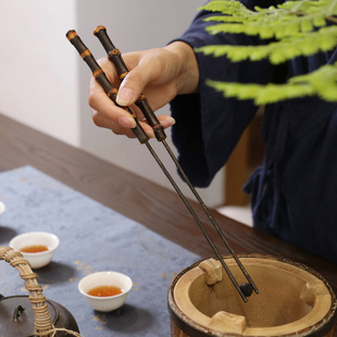 山山竹木玄烁紫竹鞭彩铜铜筷碳夹复古竹鞭木炭夹煮茶火箸火筷夹碳