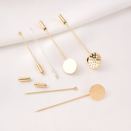 14K铜包金保色一字胸针手工diy饰品配件带网盘7字别针圆片底托