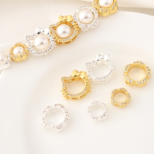 高保铜镀18K金双面镶锆石KT猫头套珠圈手工diy水晶手链梅花包珠圈