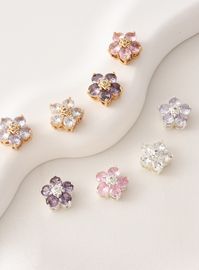 14K包金镶锆石五瓣花单排四通隔珠手工diy珍珠手链双排银色多通