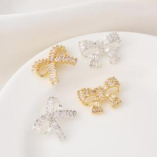 14K包金镶T方锆蝴蝶结隔珠手工diy珍珠手链手串电镀银串饰配件