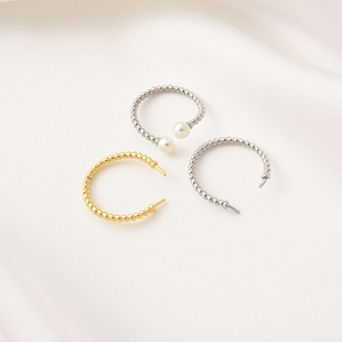 高保铜镀18K金批花带针戒托手工diy饰品配件白金色半孔珍珠指环戒