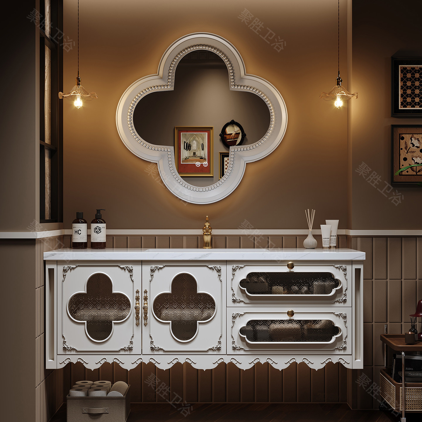 法式复古浴室柜组合橡木陶瓷一体盆卫生间洗漱台洗手池洗脸盆订制