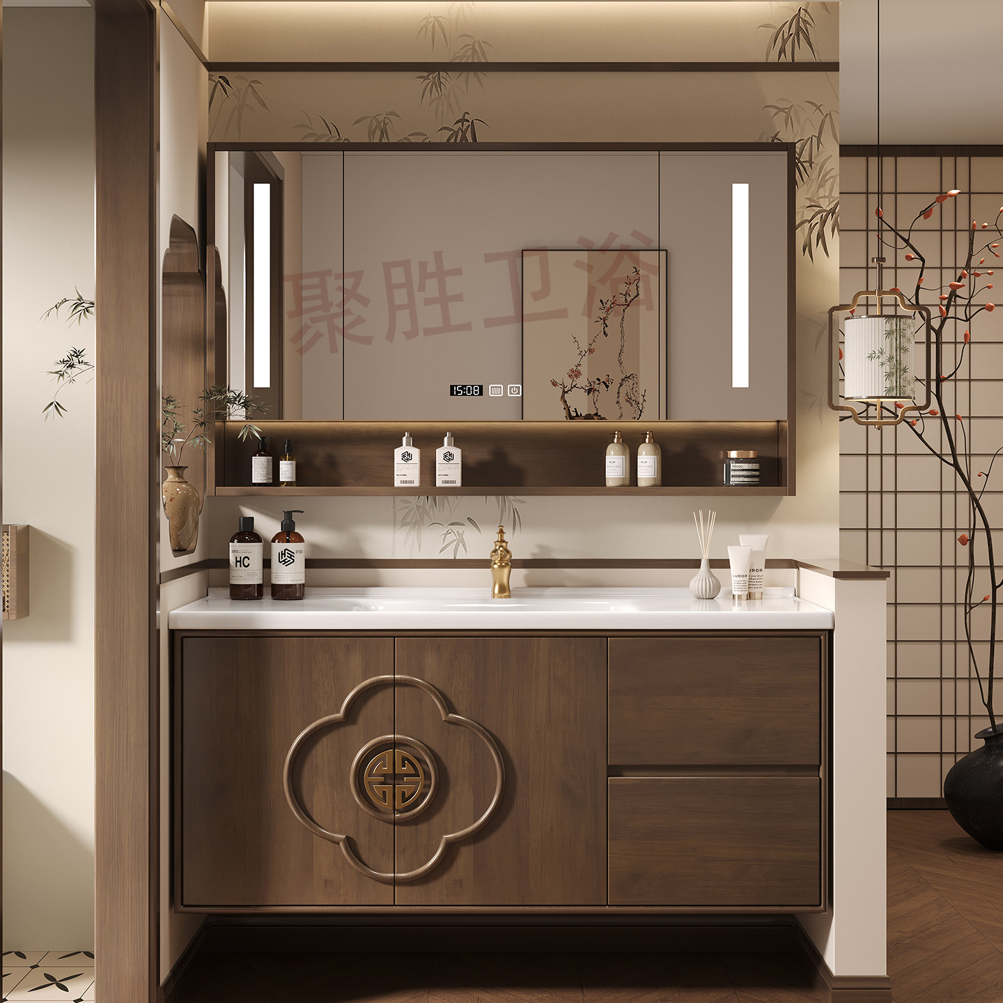 宋式美学橡木浴室柜陶瓷一体盆中古风卫生间洗手台洗脸洗漱台订制