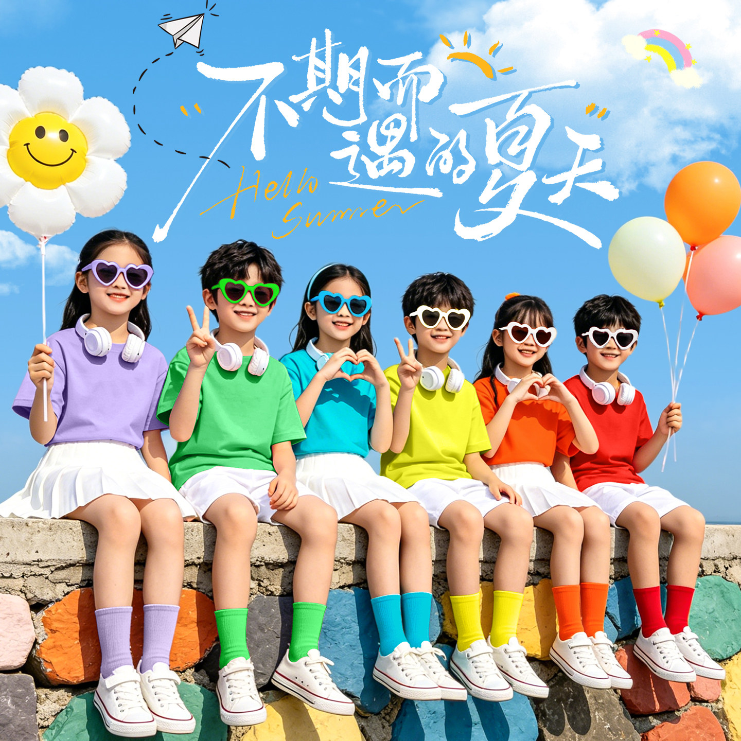 儿童糖果彩色t恤夏季多巴胺小学生夏令营毕业班服幼儿园亲子套装
