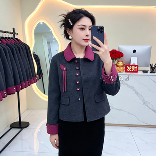 中老年女装时尚洋气翻领双面绒外套单排扣妈妈装显瘦减龄短款上衣