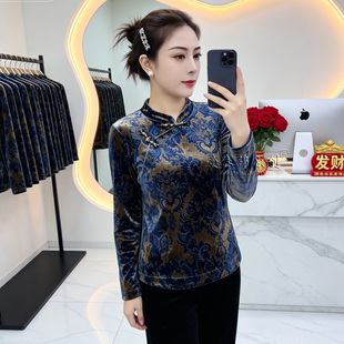 新中式妈妈装春秋款立领印花长袖衬衫中老年女装宽松减龄国风上衣
