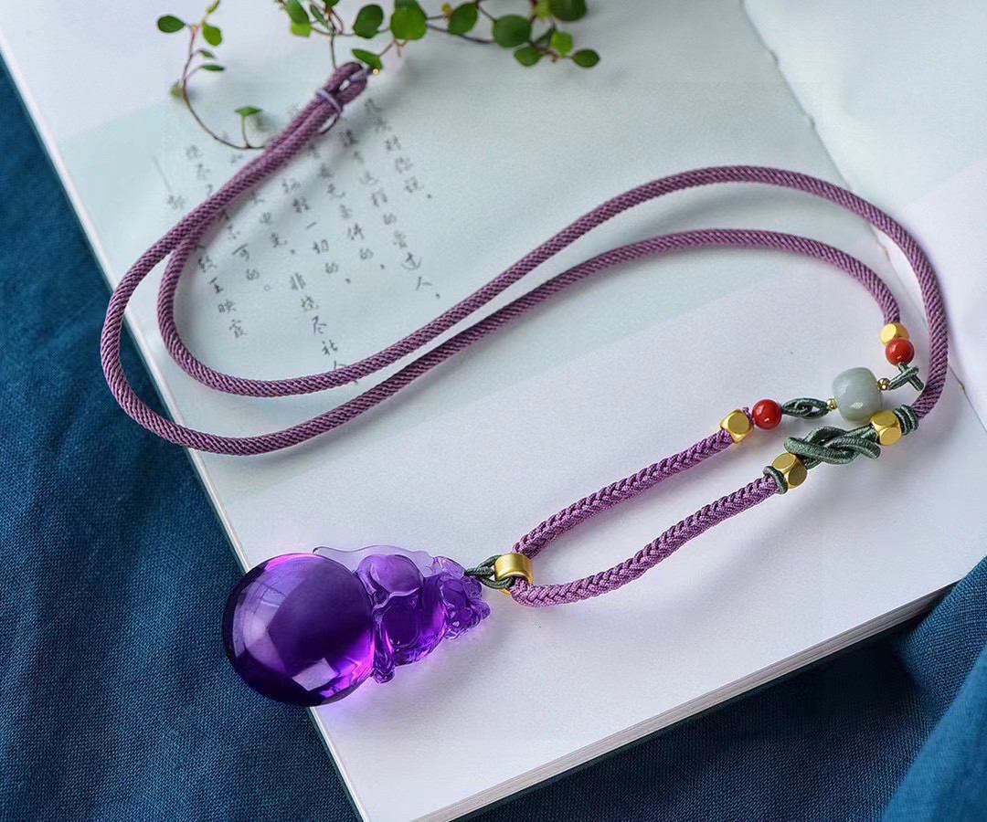 天然全净体紫水晶葫芦吊坠富贵福禄葫芦兽项链本命年礼物保平安