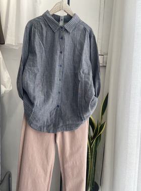 24825款双棉纱翻领条纹宽松长袖衬衣