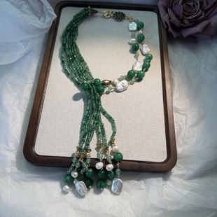 西班牙波西米亚人复古vintage高级感祖母绿天然石巴洛克珍珠项链