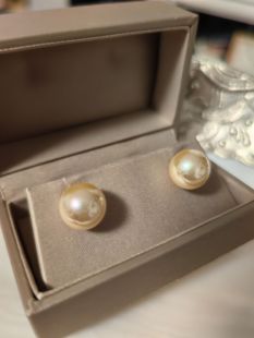 比南洋金珠更美 限量极光清透茶金色干枯玫瑰12mm珍珠耳钉耳饰