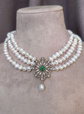新年奢华年会晚宴法式复古绿水晶三层天然淡水珍珠项链手链套装