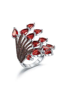 西班牙波西米亚人天然石榴石满天星925银彩色宝石可调节开口戒指