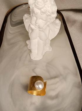 小红书博主法国JINGER名媛风天然淡水珍珠宽版厚镀真金开口戒指