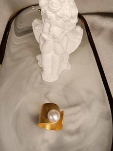 小红书博主法国JINGER名媛风天然淡水珍珠宽版 厚镀真金开口戒指