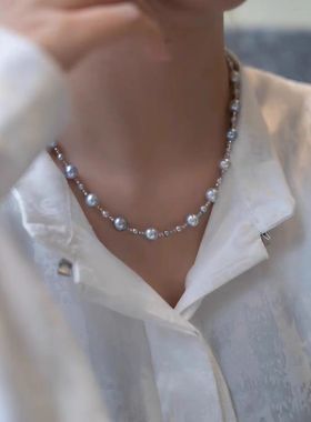 星空蓝真多麻色akoya珍珠锁骨链