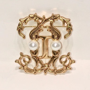法国INTERDEE品牌logo设计优雅皇室贵族风铜镀24K真金珍珠胸针 女