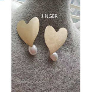法国巴黎设计师JINGER手工18K金几何桃心天然巴洛克珍珠耳钉耳环