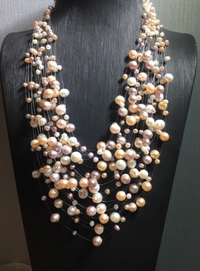 欧美波西米亚风20层多层天然淡水糖果色珍珠满天星复古气质项链