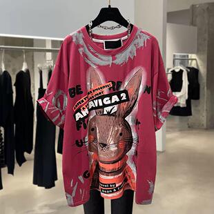 砖红色纯棉短袖t恤女夏季卡通兔子大版半袖情侣上衣男女2025新款