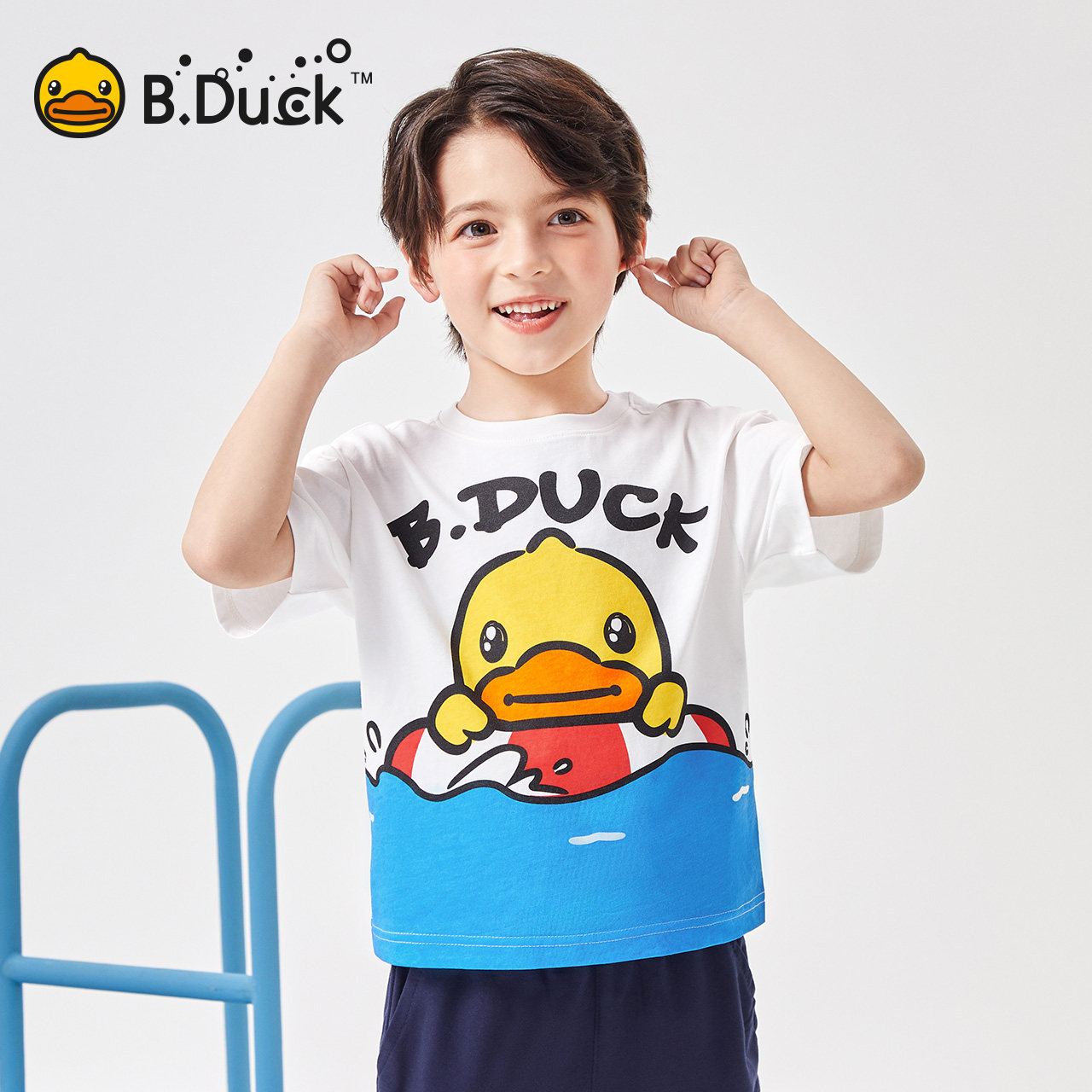 B.Duck小黄鸭儿童短袖T恤夏季男童立体鸭脚印花纯棉透气宝宝半袖
