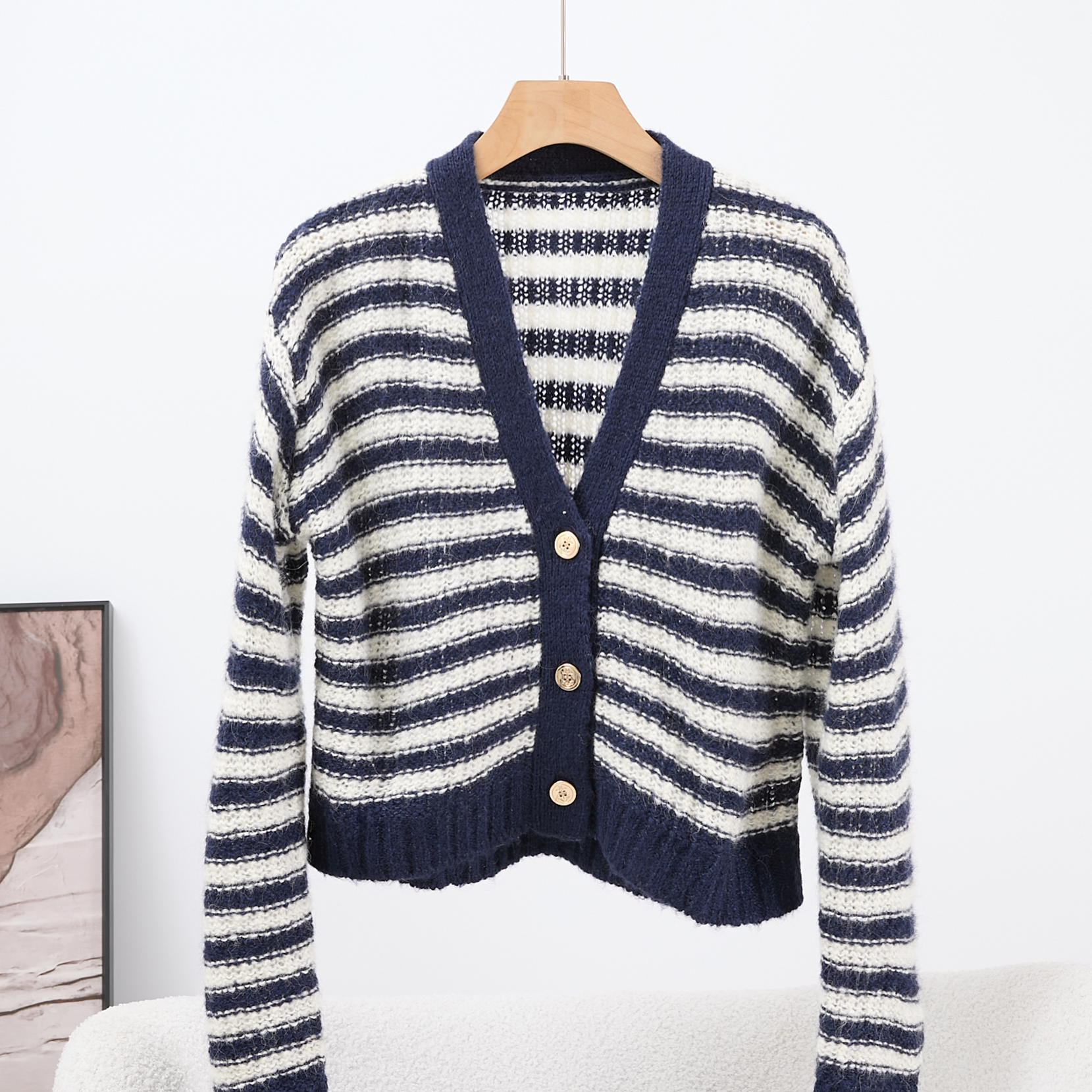 秋冬条纹V领老钱风针织开衫女