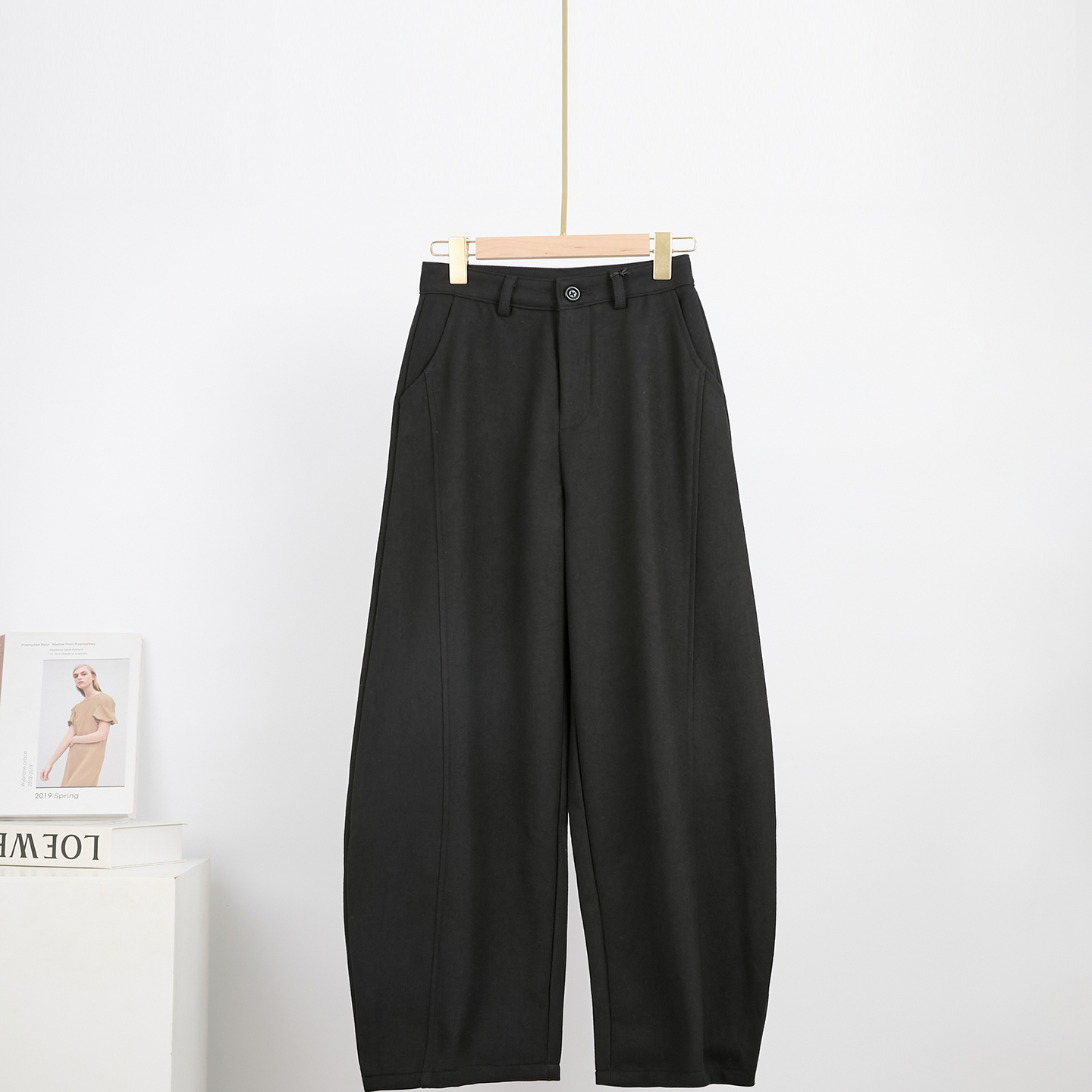 极简风高腰阔腿裤女百搭时尚黑色休闲加绒裤通勤简约V2672