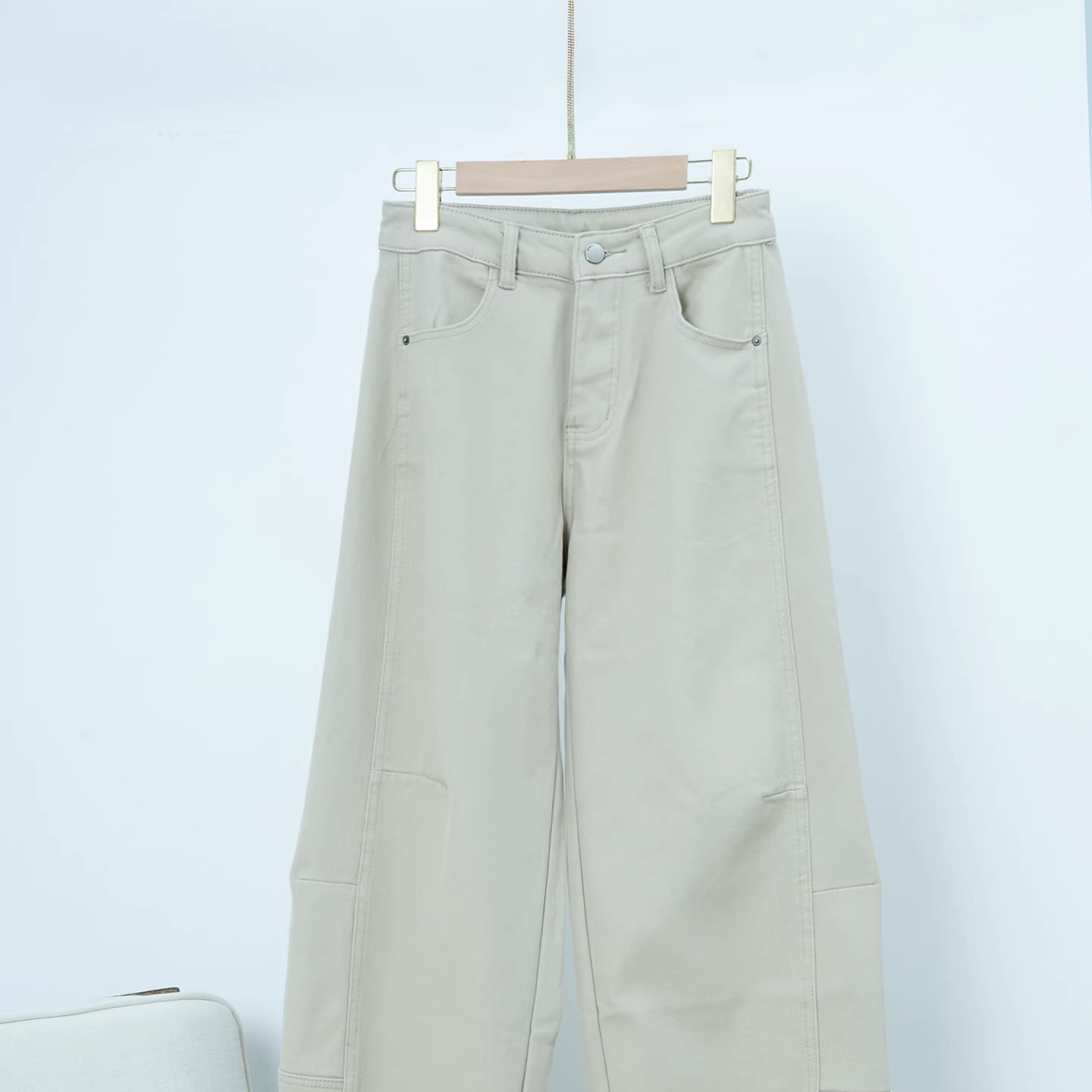 2025新款加绒牛仔裤浅杏色阔腿裤7939