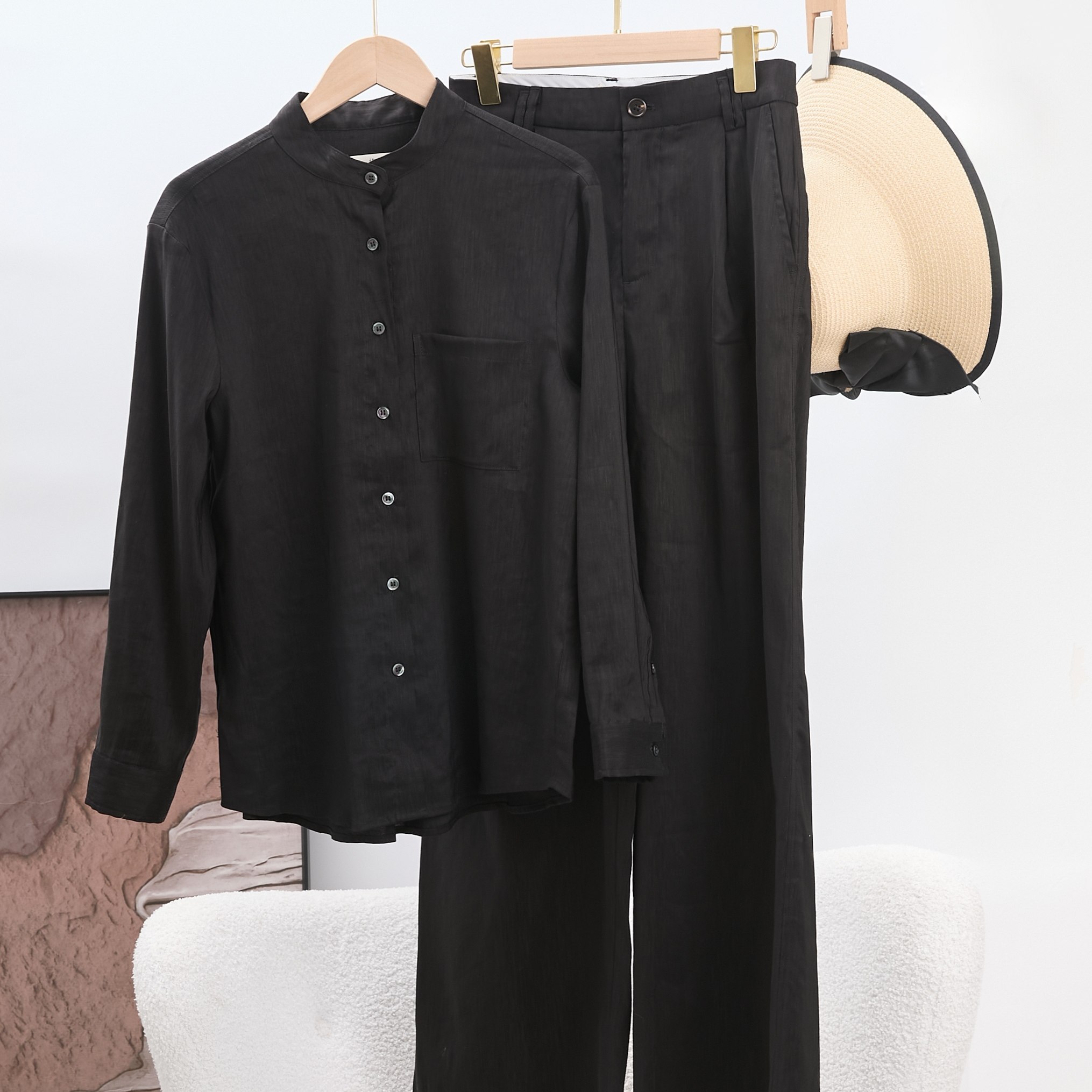 极简风黑色立领衬衫直筒裤两件套女轻熟简约亚麻套装261540,女装/女士精品,时尚套装,淘宝优惠券,粉丝福利购,淘宝优惠卷