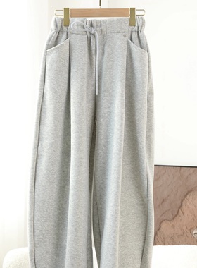 极简风灰色羊绒阔腿裤女秋冬加厚高腰保暖舒适抽绳长裤25053