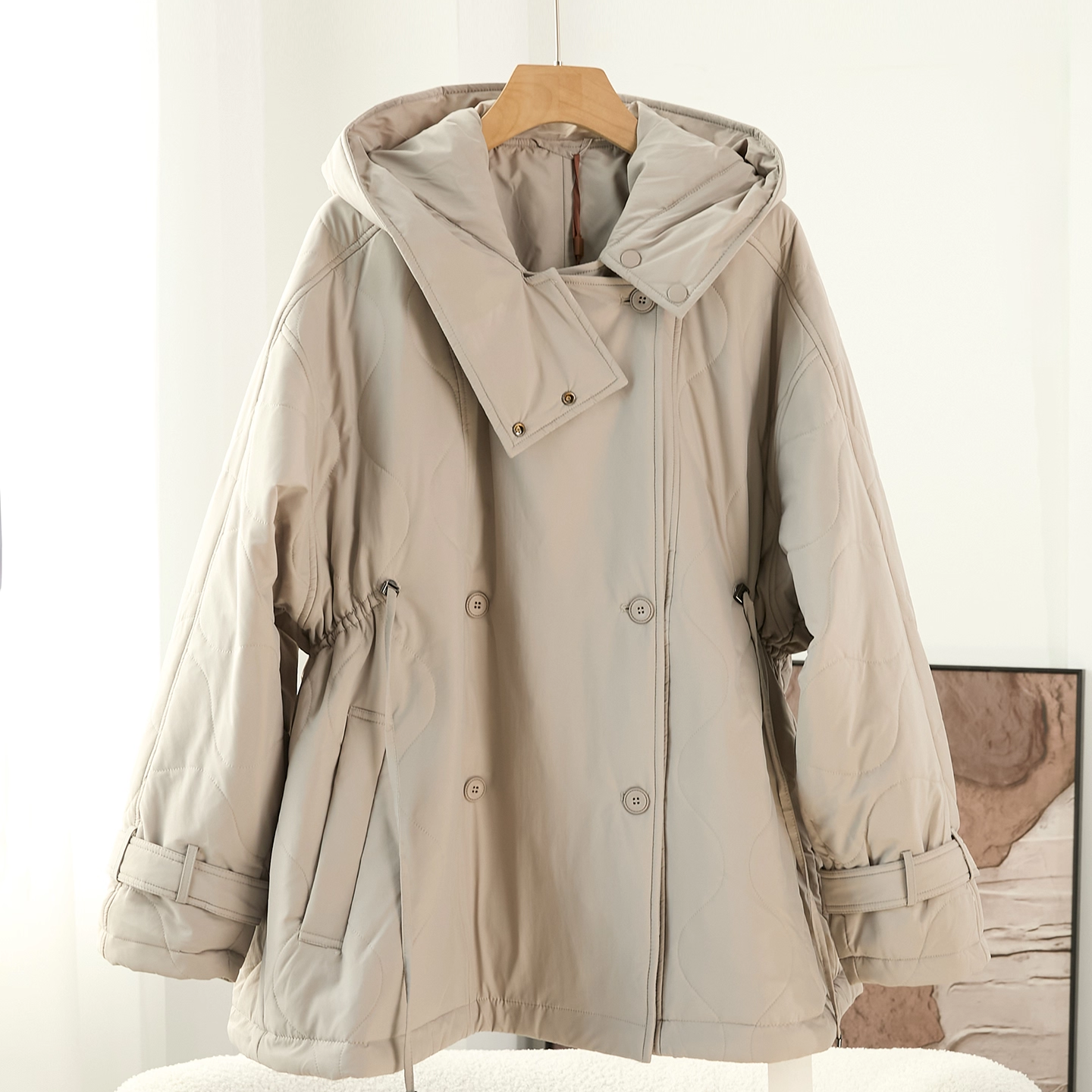 轻奢小众羊驼绒连帽大衣中长款女