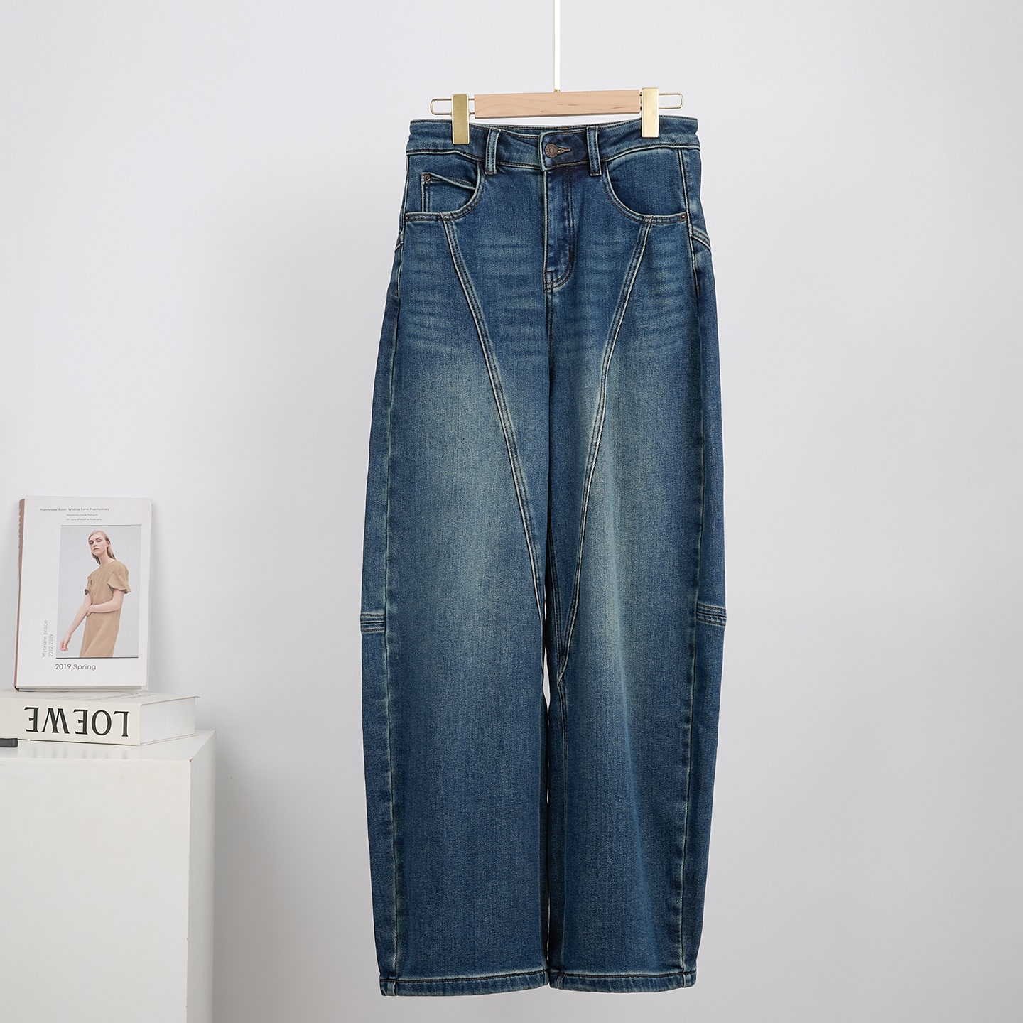 复古高腰弯刀蓝色加绒牛仔裤