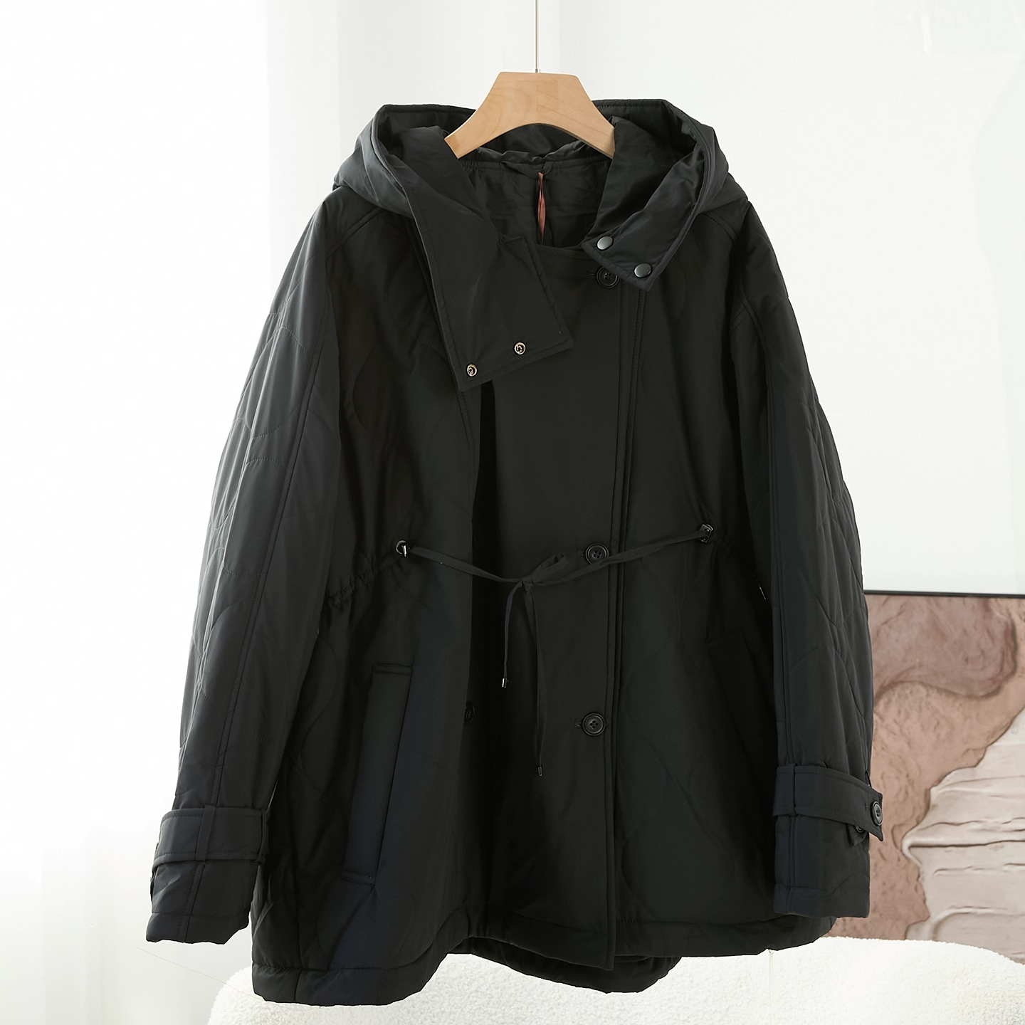 轻奢黑色羊驼绒连帽大衣女宽松显瘦中长款双排扣保暖外套24056,女装/女士精品,羊绒大衣,淘宝优惠券,粉丝福利购,淘宝优惠卷