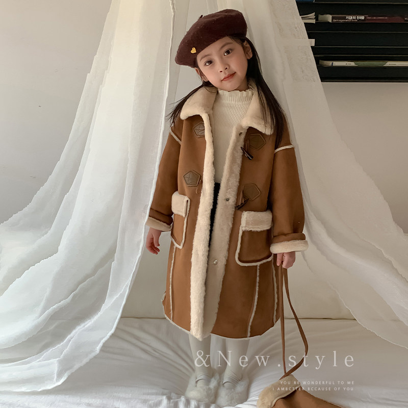 女童长款牛角扣大衣秋冬新款女童学院中长款秋冬复古驼色呢大衣
