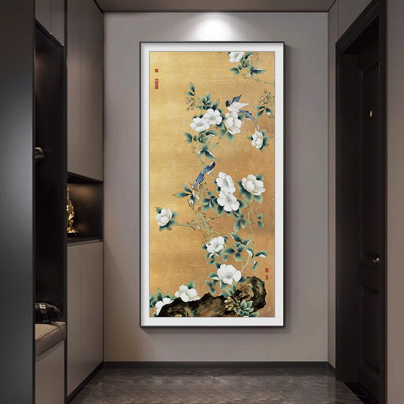 花开吉祥玄关装饰画复古花鸟入户过道走廊挂画好寓意书房茶室壁画