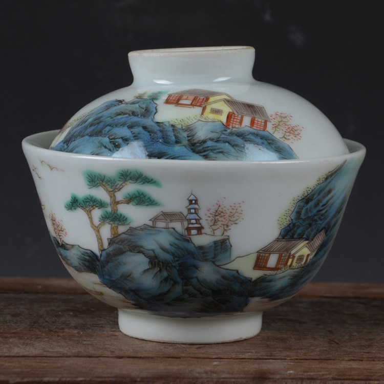 清同治年制手绘粉彩山水人家 盖碗盖杯景德镇厂货瓷器居家精品