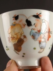 чашка 景德镇厂货瓷器手绘粉彩童趣童子嬉戏小杯子茶杯古玩古董精品陶瓷