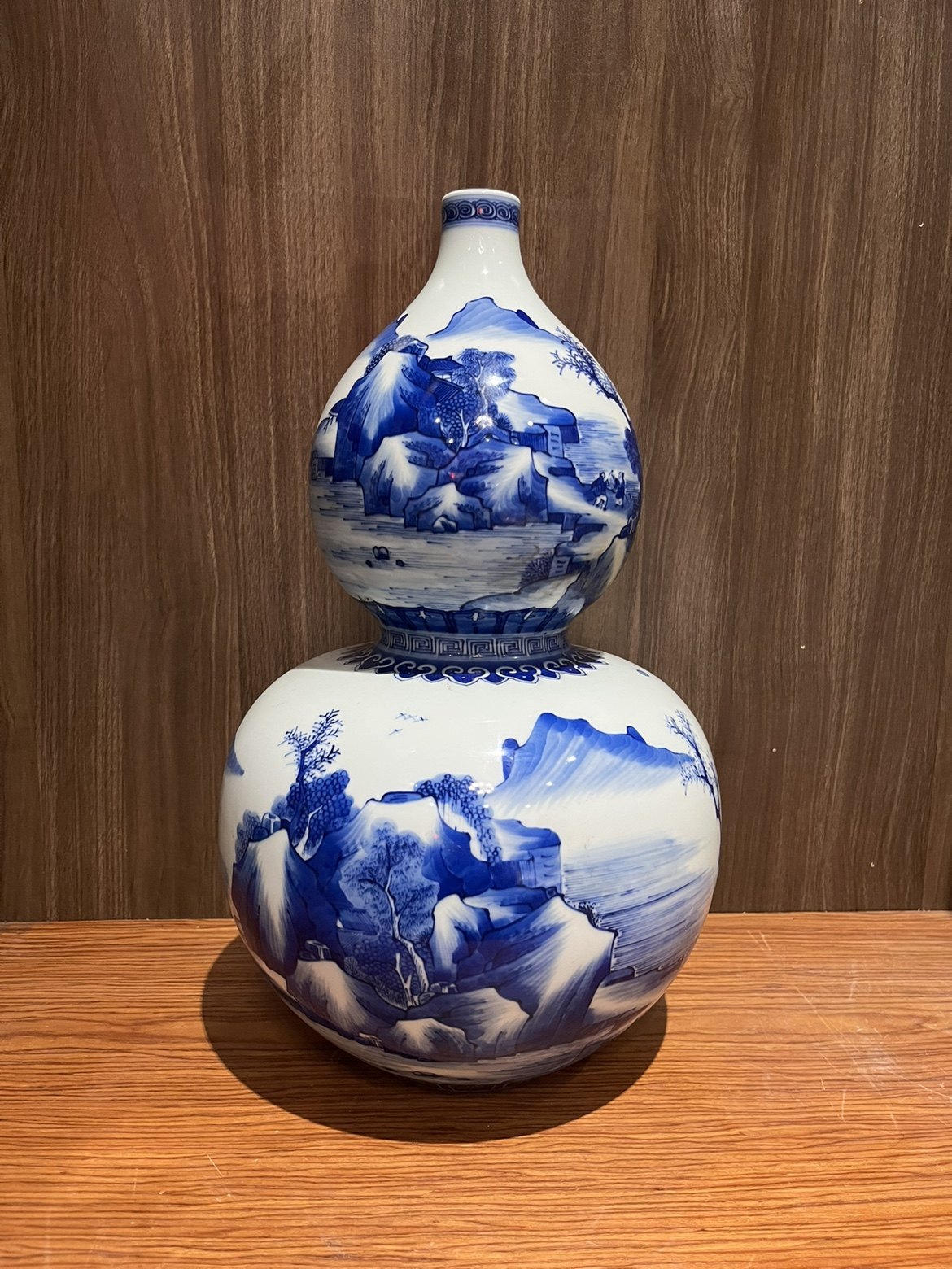 景德镇人民瓷厂厂货瓷器手绘青花山水纹葫芦花瓶古玩古董精品收藏