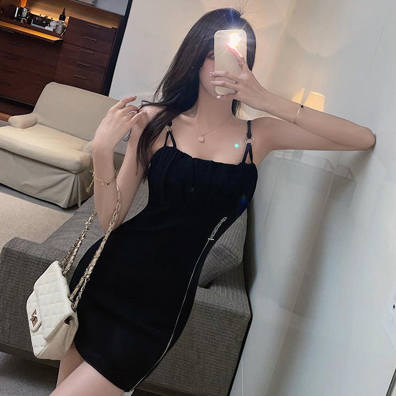Black Hepburn style zipper decoration temperament waist fold suspender dress sexy girl