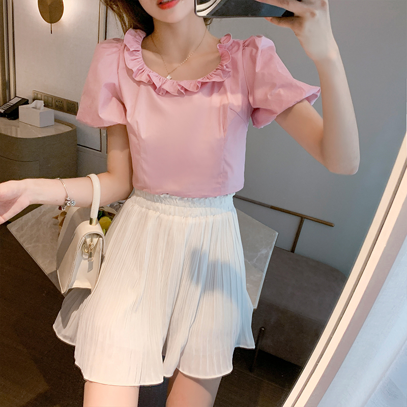 Real shot 2021 summer new Korean design small bow short sleeve shirt bubble sleeve top